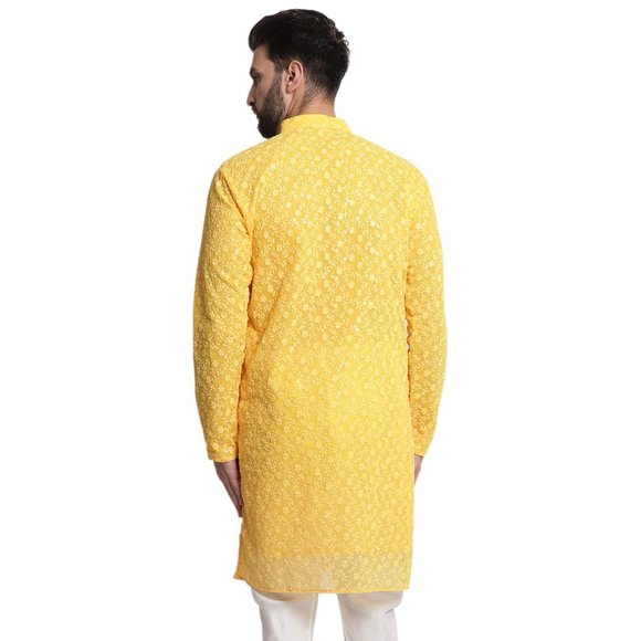 Men Chikankari Georgette Yellow Color Kurta Full Sleeve Knee Length Kurta - Picture 4 of 6